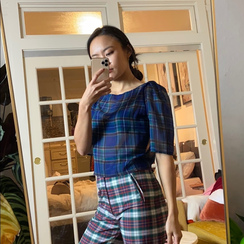 American Apparel Cropped Plaid Chiffon Top - Picture 5 of 8